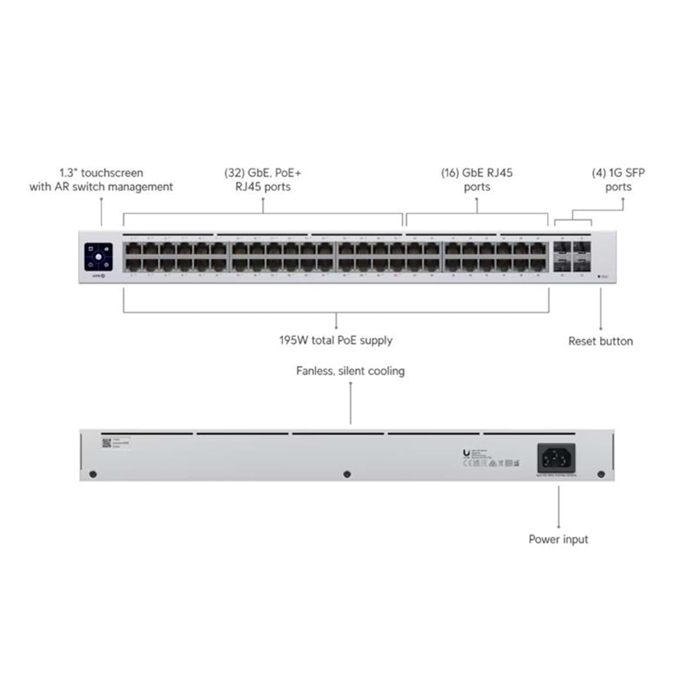 UBIQUITI USW-48-POE 48 PORT GIGABIT + 4X1GB SFP UPLINK L2 195W POE YÖNETİLEBİLİR RACKMOUNT SWITCH 