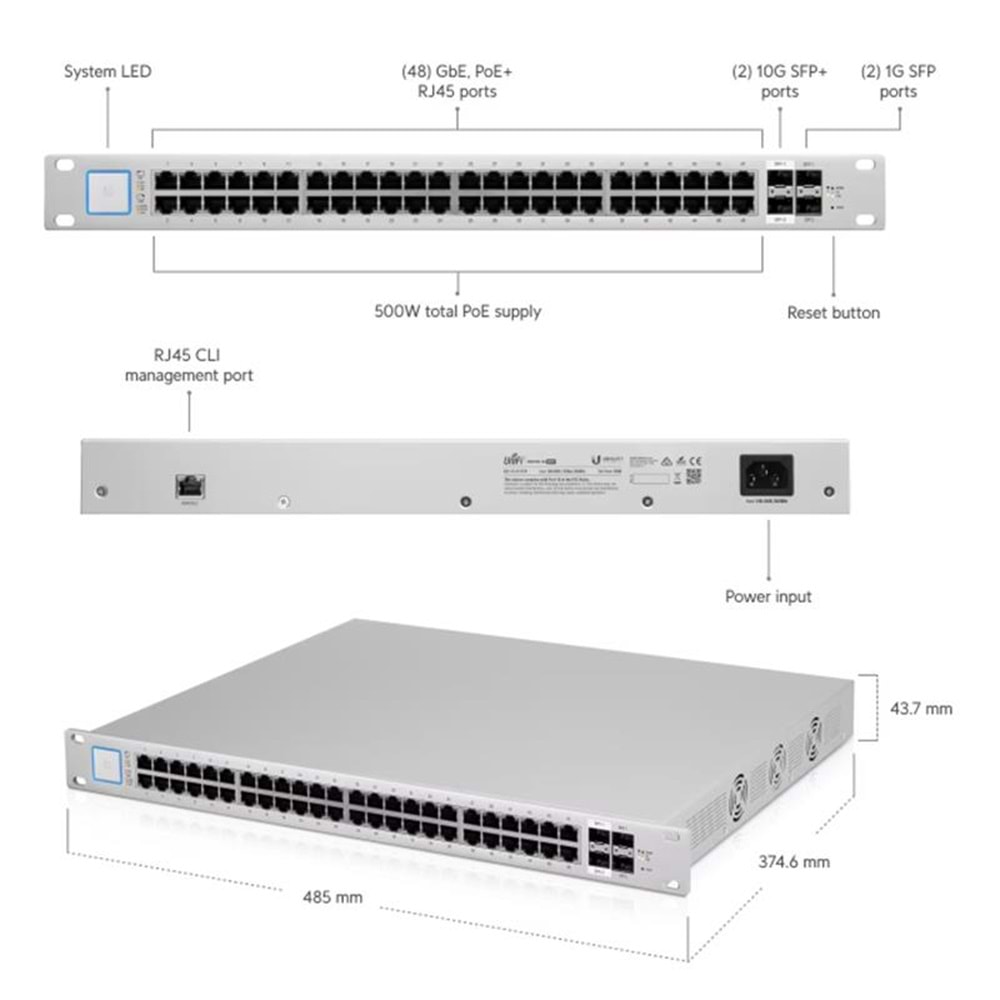 UBIQUITI US-48-500W 48 PORT GIGABIT +2X1GB/2X10GB SFP UPLINK RACKMOUNT 500W POE SWITCH 