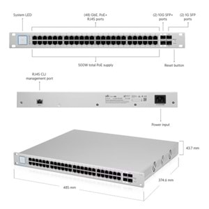 UBIQUITI US-48-500W 48 PORT GIGABIT +2X1GB/2X10GB SFP UPLINK RACKMOUNT 500W POE SWITCH 