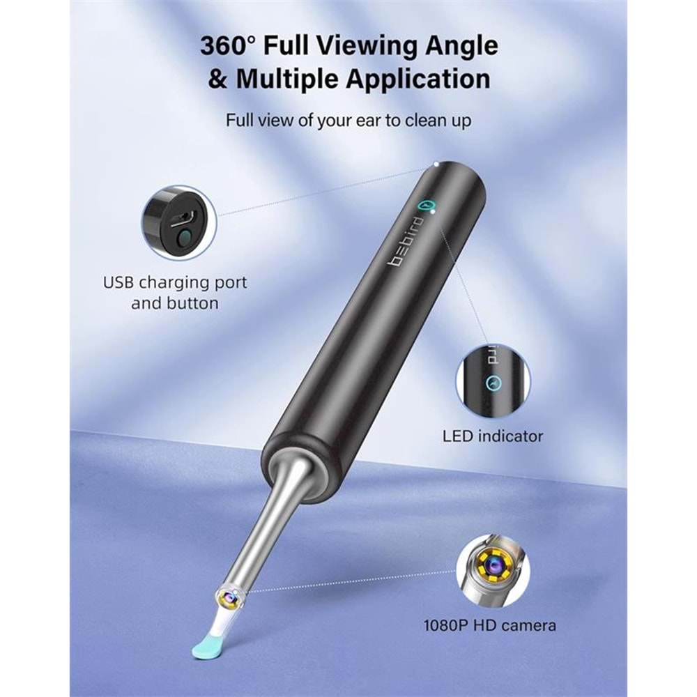 BEBIRD T5 3MP KAMERA 3.5MM LENS ŞARJLI WIFI GÖRÜNTÜLÜ KULAK TEMİZLEYİCİ SİYAH RENK 
