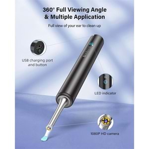 BEBIRD T5 3MP KAMERA 3.5MM LENS ŞARJLI WIFI GÖRÜNTÜLÜ KULAK TEMİZLEYİCİ SİYAH RENK 