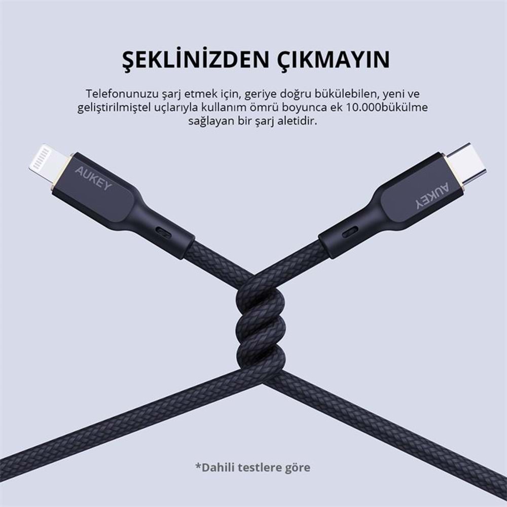 AUKEY CB-NCL1-BK NAYLON ÖRGÜLÜ 3A 480MBPS TYPE-C LIGHTNING KABLOSU 1.8MT 