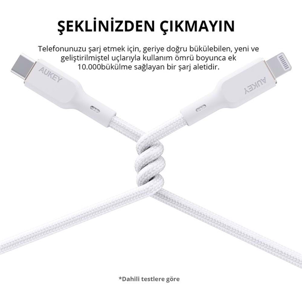 AUKEY CB-NCL1-WH NAYLON ÖRGÜLÜ 3A 480MBPS TYPE-C LIGHTNING KABLOSU 1.8MT 