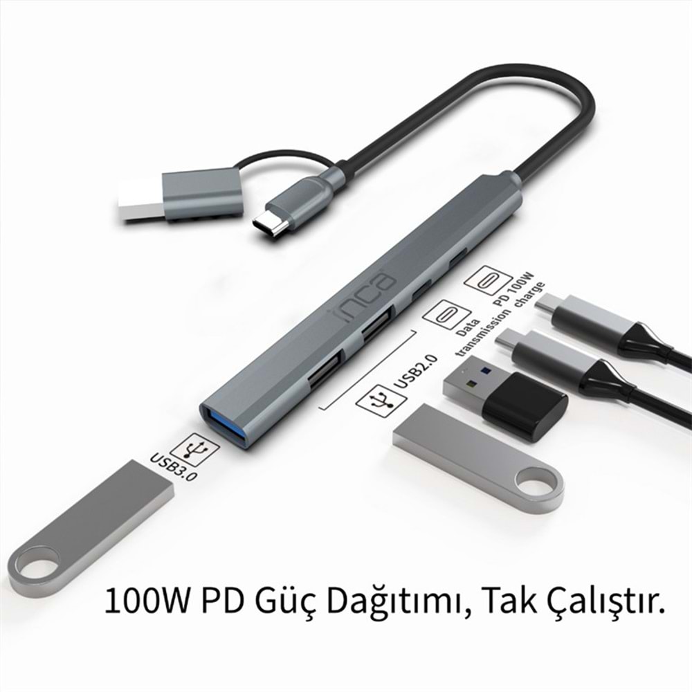 INCA IUTP-06T USB 3.0 TYPE-C 3.1 HUB 1 X USB 3.0 +2 X USB+TYPE-C+PD100W 2.0 ALUMINYUM KASA ÇOKLAYICI 